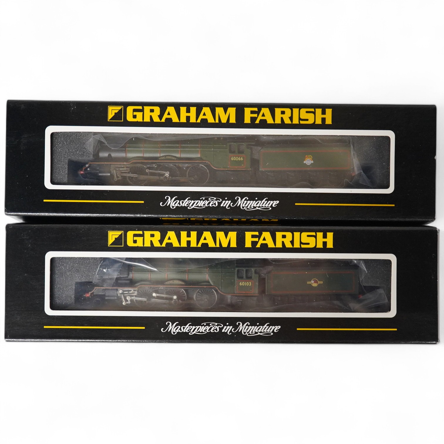 Two boxed Graham Farish N gauge railway BR Class A3 locomotives; Flying Scotsman 60103 (372-378) and Merry Hampton (60066). Condition - good.